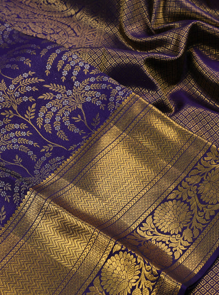 Pure kanchipuram silk saree dark blue with allover silver & gold zari woven brocade weaves and long zari woven border