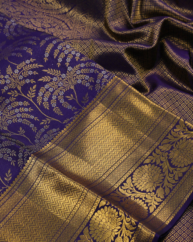 Pure kanchipuram silk saree dark blue with allover silver & gold zari woven brocade weaves and long zari woven border