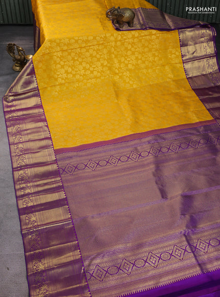 Pure kanchipuram silk saree mango yellow and violet with allover zari woven brocade weaves and long zari woven border