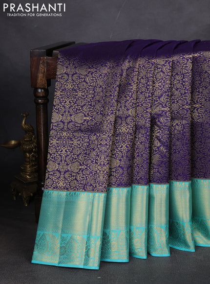 Pure kanchipuram silk saree blue and teal blue with allover zari woven brocade weaves and long zari woven border
