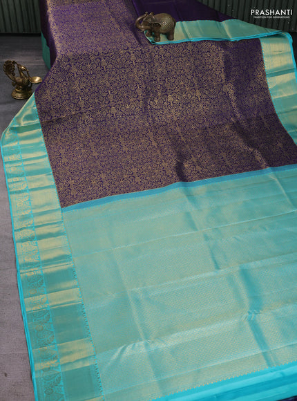 Pure kanchipuram silk saree blue and teal blue with allover zari woven brocade weaves and long zari woven border