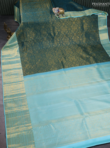 Pure kanchipuram silk saree peacock green and light blue with allover zari woven brocade weaves and long zari woven border