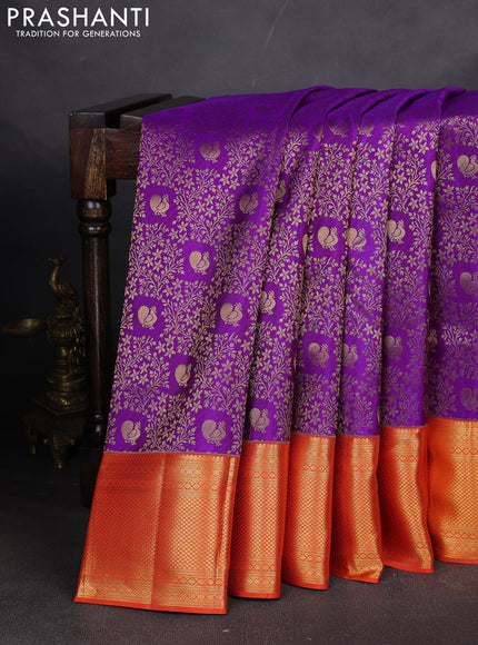 Pure kanchipuram silk saree violet and orange with allover zari woven brocade weaves and rich zari woven border