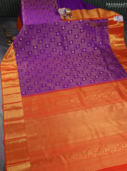 Pure kanchipuram silk saree violet and orange with allover zari woven brocade weaves and rich zari woven border