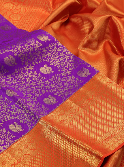 Pure kanchipuram silk saree violet and orange with allover zari woven brocade weaves and rich zari woven border