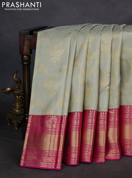 Pure kanchipuram silk saree pastel green and pink with allover zari woven brocade weaves and long zari woven border