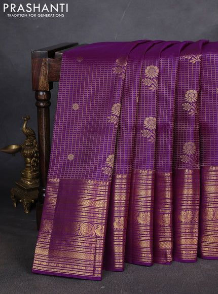 Pure kanchipuram silk saree purple with allover zari checks & buttas and long zari woven border