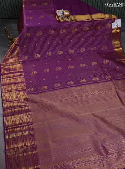 Pure kanchipuram silk saree purple with allover zari checks & buttas and long zari woven border