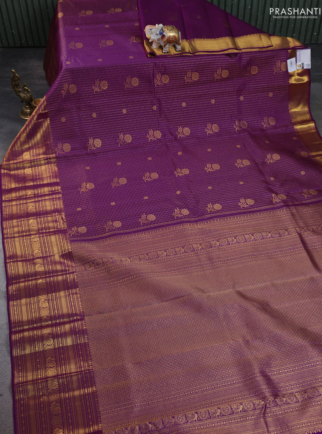 Pure kanchipuram silk saree purple with allover zari checks & buttas and long zari woven border