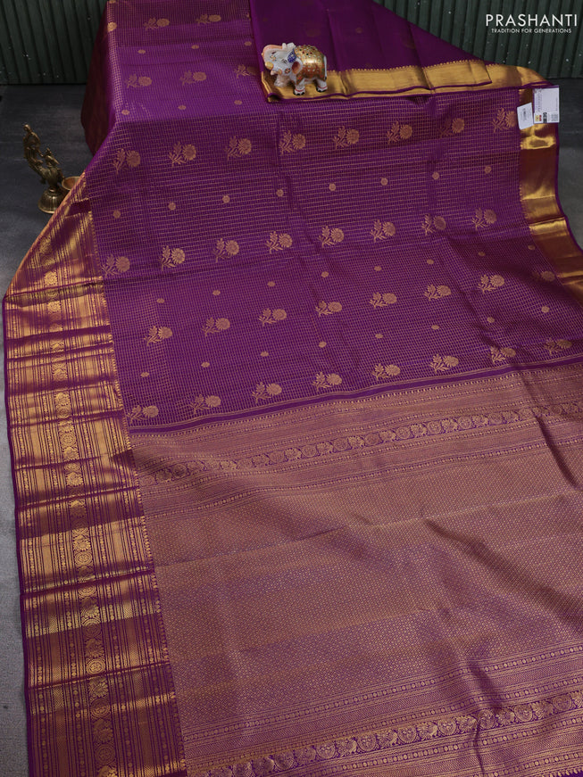 Pure kanchipuram silk saree purple with allover zari checks & buttas and long zari woven border