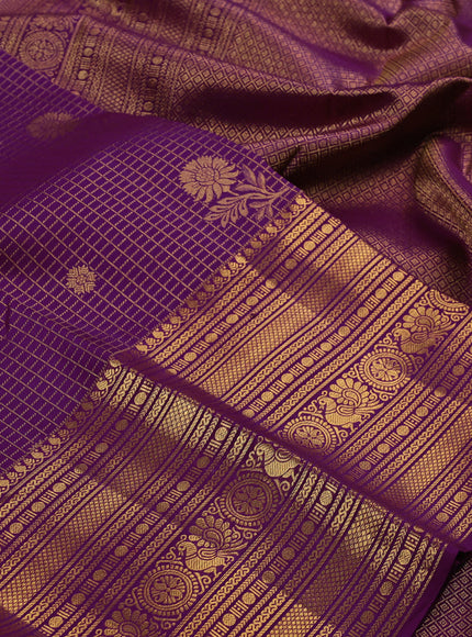 Pure kanchipuram silk saree purple with allover zari checks & buttas and long zari woven border