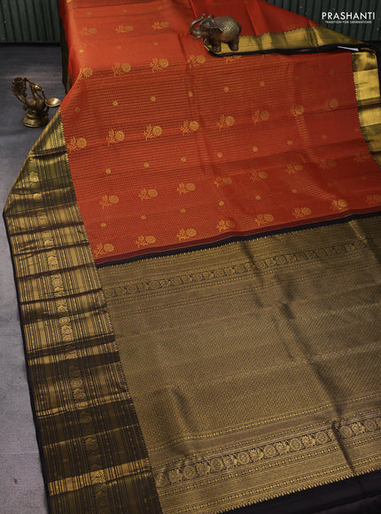 Pure kanchipuram silk saree rustic orange and coffee brown with allover zari checks & buttas and long zari woven border