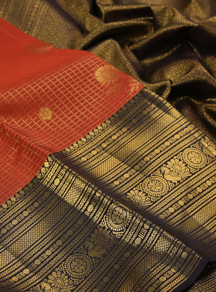 Pure kanchipuram silk saree rustic orange and coffee brown with allover zari checks & buttas and long zari woven border