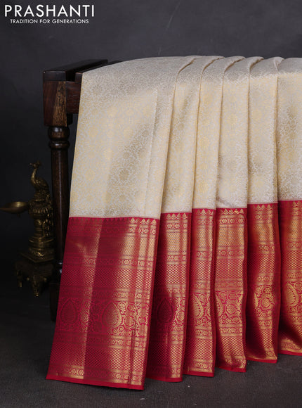 Pure kanchipuram silk saree off white and red with allover zari woven brocade weaves and long zari woven border