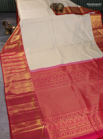 Pure kanchipuram silk saree off white and red with allover zari woven brocade weaves and long zari woven border