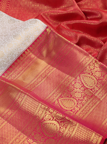Pure kanchipuram silk saree off white and red with allover zari woven brocade weaves and long zari woven border