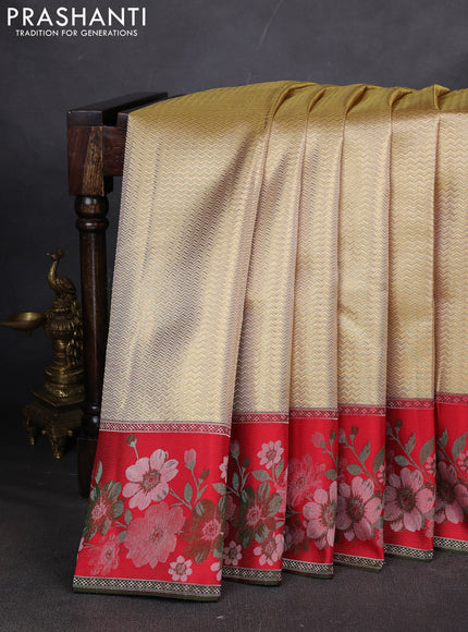 Pure kanchipuram tissue silk saree gold and red with allover zari woven brocade weaves and floral motif border