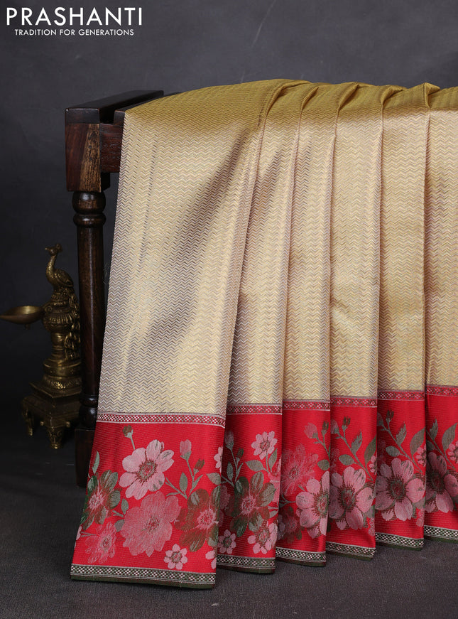 Pure kanchipuram tissue silk saree gold and red with allover zari woven brocade weaves and floral motif border