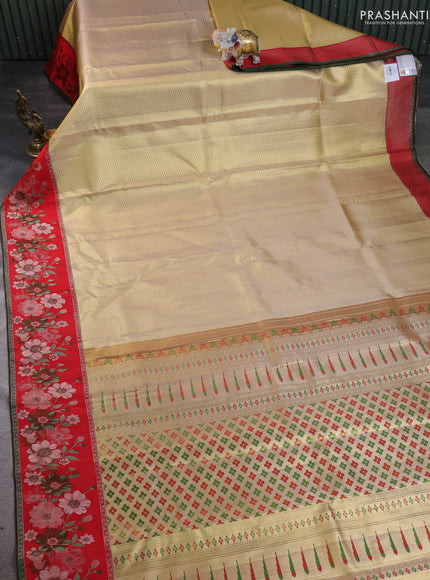 Pure kanchipuram tissue silk saree gold and red with allover zari woven brocade weaves and floral motif border