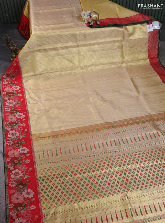 Pure kanchipuram tissue silk saree gold and red with allover zari woven brocade weaves and floral motif border