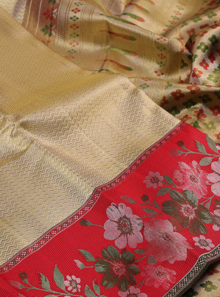 Pure kanchipuram tissue silk saree gold and red with allover zari woven brocade weaves and floral motif border