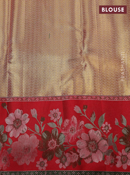 Pure kanchipuram tissue silk saree gold and red with allover zari woven brocade weaves and floral motif border