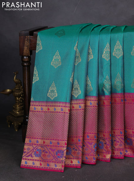 Pure kanchipuram silk saree teal green and pink with allover zari woven brocade weaves and long zari woven paithani style border