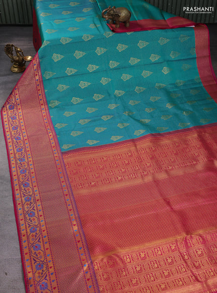 Pure kanchipuram silk saree teal green and pink with allover zari woven brocade weaves and long zari woven paithani style border