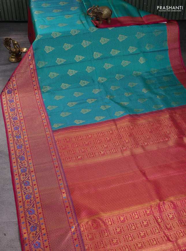 Pure kanchipuram silk saree teal green and pink with allover zari woven brocade weaves and long zari woven paithani style border
