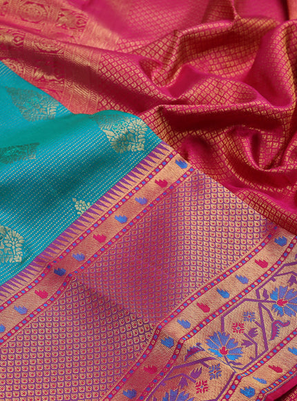 Pure kanchipuram silk saree teal green and pink with allover zari woven brocade weaves and long zari woven paithani style border