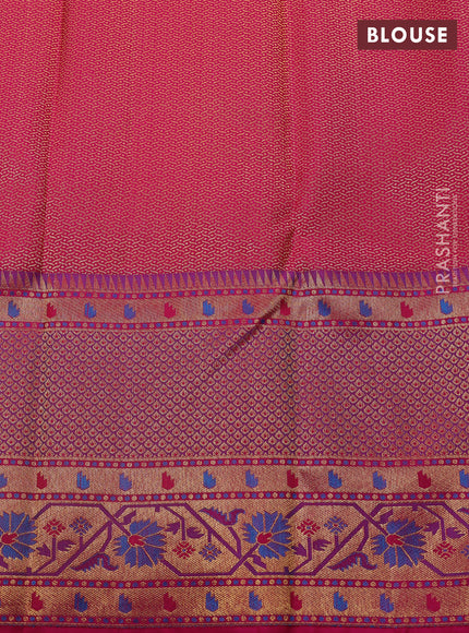 Pure kanchipuram silk saree teal green and pink with allover zari woven brocade weaves and long zari woven paithani style border