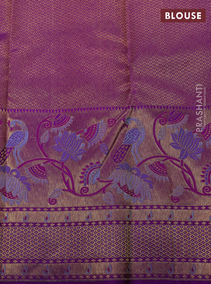 Pure kanchipuram silk saree teal green and purple with allover zari woven brocade weaves and long zari woven paithani style border