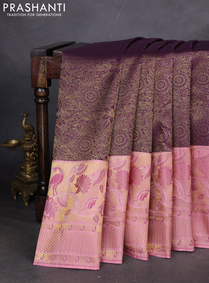 Pure kanchipuram silk saree deep purple and peach with allover zari woven brocade weaves and long zari woven paithani style border