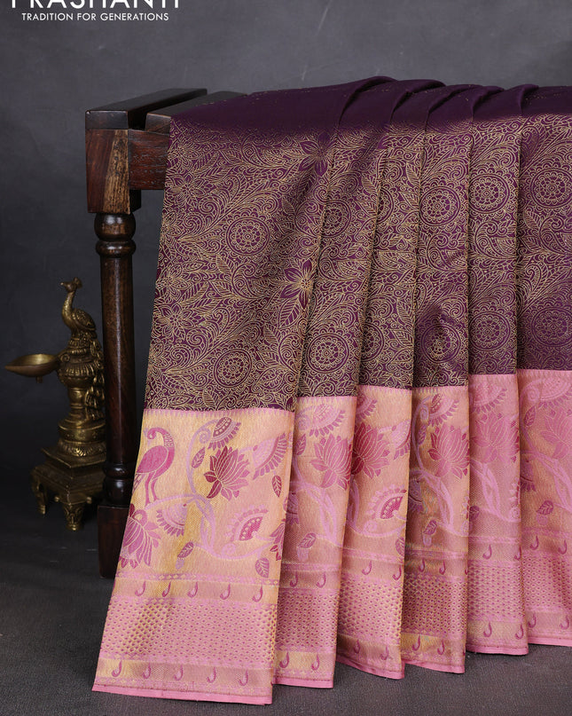 Pure kanchipuram silk saree deep purple and peach with allover zari woven brocade weaves and long zari woven paithani style border