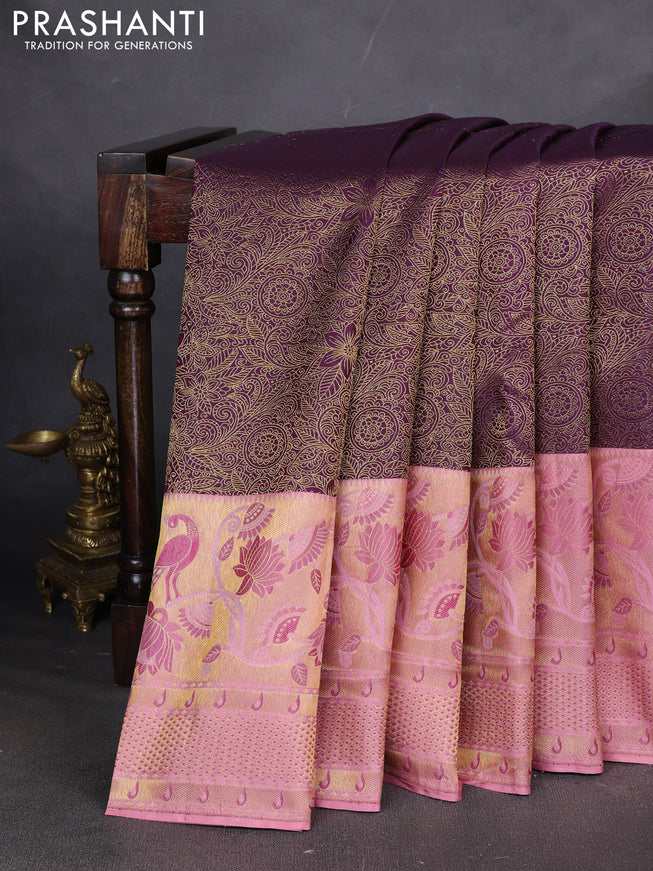 Pure kanchipuram silk saree deep purple and peach with allover zari woven brocade weaves and long zari woven paithani style border