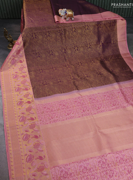 Pure kanchipuram silk saree deep purple and peach with allover zari woven brocade weaves and long zari woven paithani style border