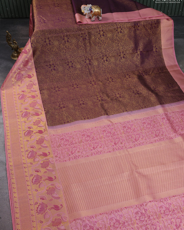 Pure kanchipuram silk saree deep purple and peach with allover zari woven brocade weaves and long zari woven paithani style border