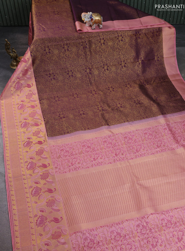 Pure kanchipuram silk saree deep purple and peach with allover zari woven brocade weaves and long zari woven paithani style border