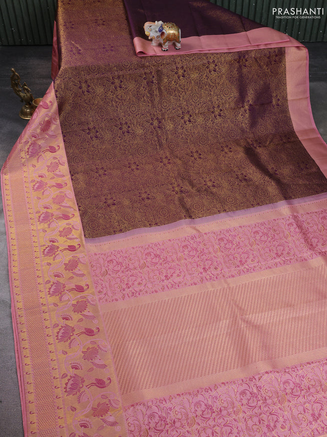Pure kanchipuram silk saree deep purple and peach with allover zari woven brocade weaves and long zari woven paithani style border