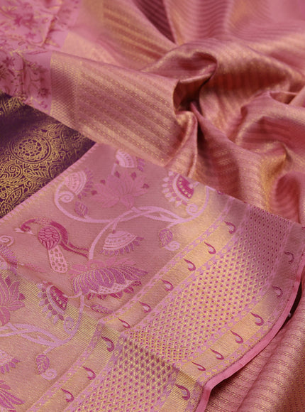 Pure kanchipuram silk saree deep purple and peach with allover zari woven brocade weaves and long zari woven paithani style border