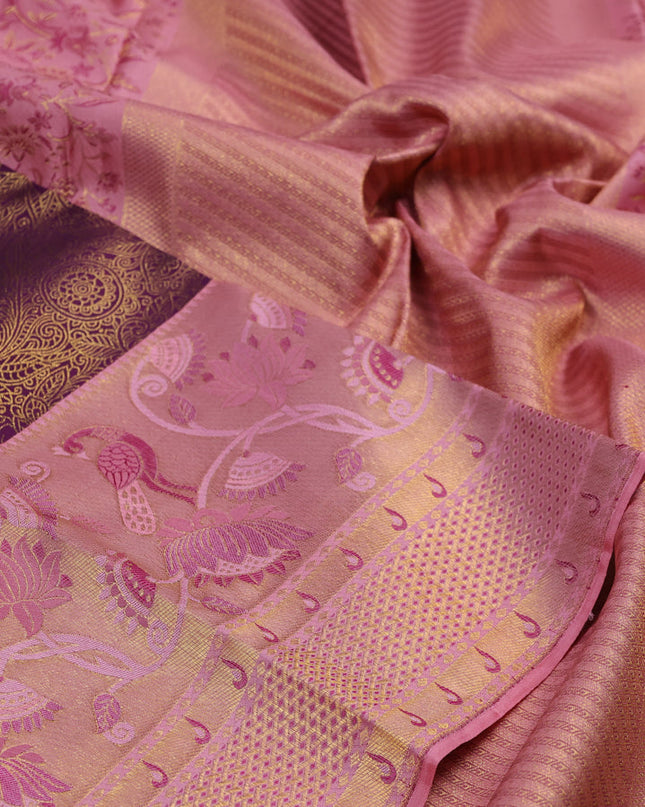 Pure kanchipuram silk saree deep purple and peach with allover zari woven brocade weaves and long zari woven paithani style border