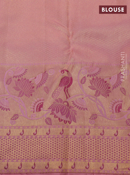 Pure kanchipuram silk saree deep purple and peach with allover zari woven brocade weaves and long zari woven paithani style border