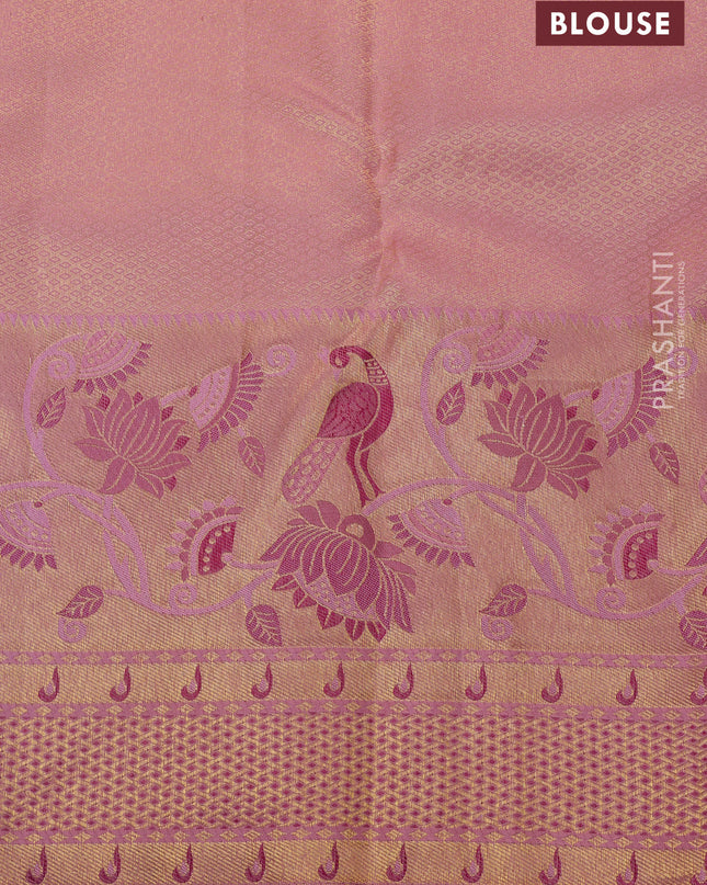Pure kanchipuram silk saree deep purple and peach with allover zari woven brocade weaves and long zari woven paithani style border