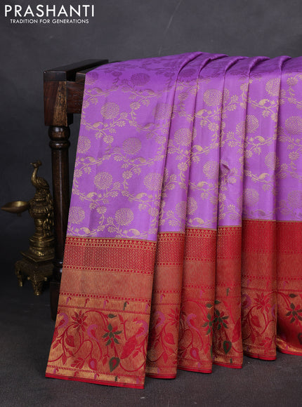 Pure kanchipuram silk saree lavender and red with allover zari woven brocade weaves and long zari woven paithani style border