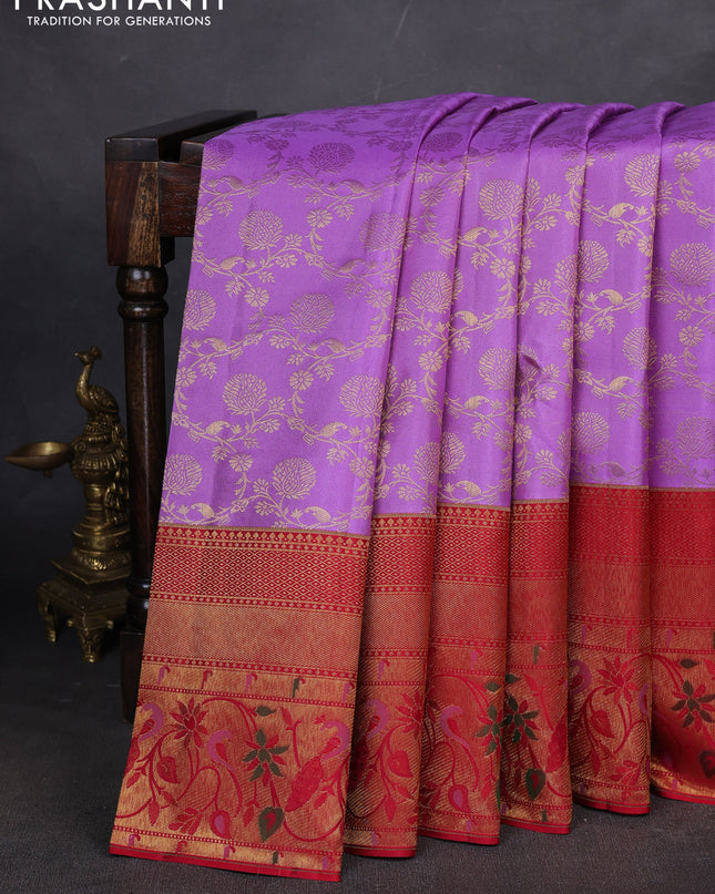 Pure kanchipuram silk saree lavender and red with allover zari woven brocade weaves and long zari woven paithani style border