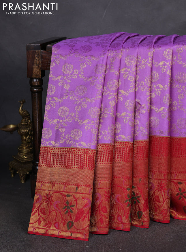 Pure kanchipuram silk saree lavender and red with allover zari woven brocade weaves and long zari woven paithani style border