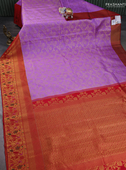 Pure kanchipuram silk saree lavender and red with allover zari woven brocade weaves and long zari woven paithani style border