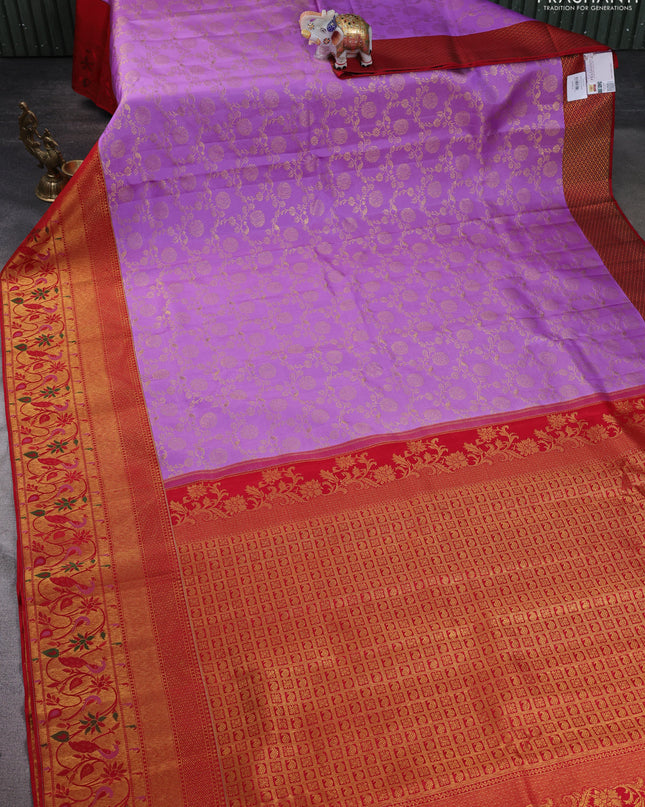 Pure kanchipuram silk saree lavender and red with allover zari woven brocade weaves and long zari woven paithani style border