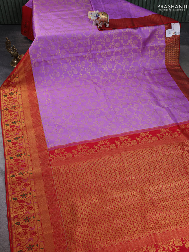 Pure kanchipuram silk saree lavender and red with allover zari woven brocade weaves and long zari woven paithani style border