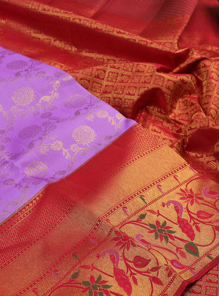 Pure kanchipuram silk saree lavender and red with allover zari woven brocade weaves and long zari woven paithani style border